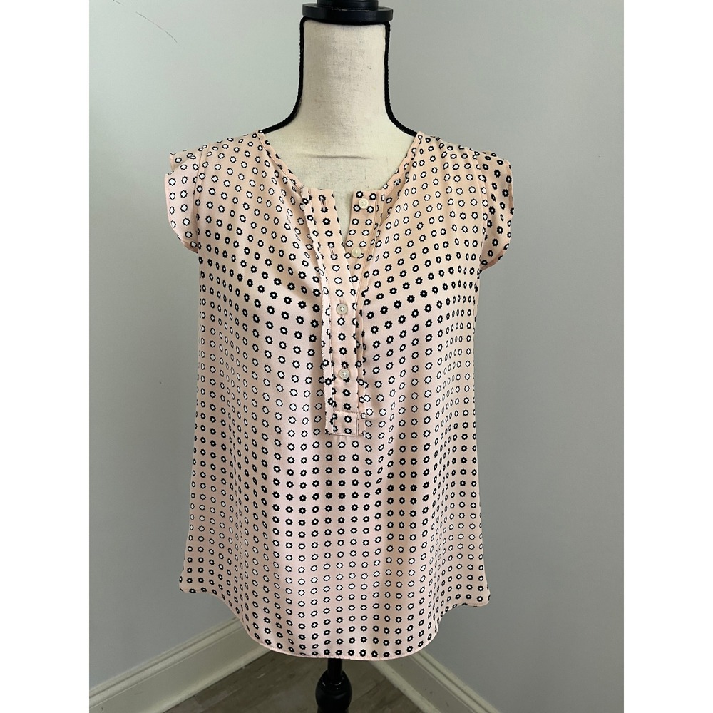 Geometric Floral Print Sleeveless Blouse Small Split Neck‎ Mod Office Pink Retro